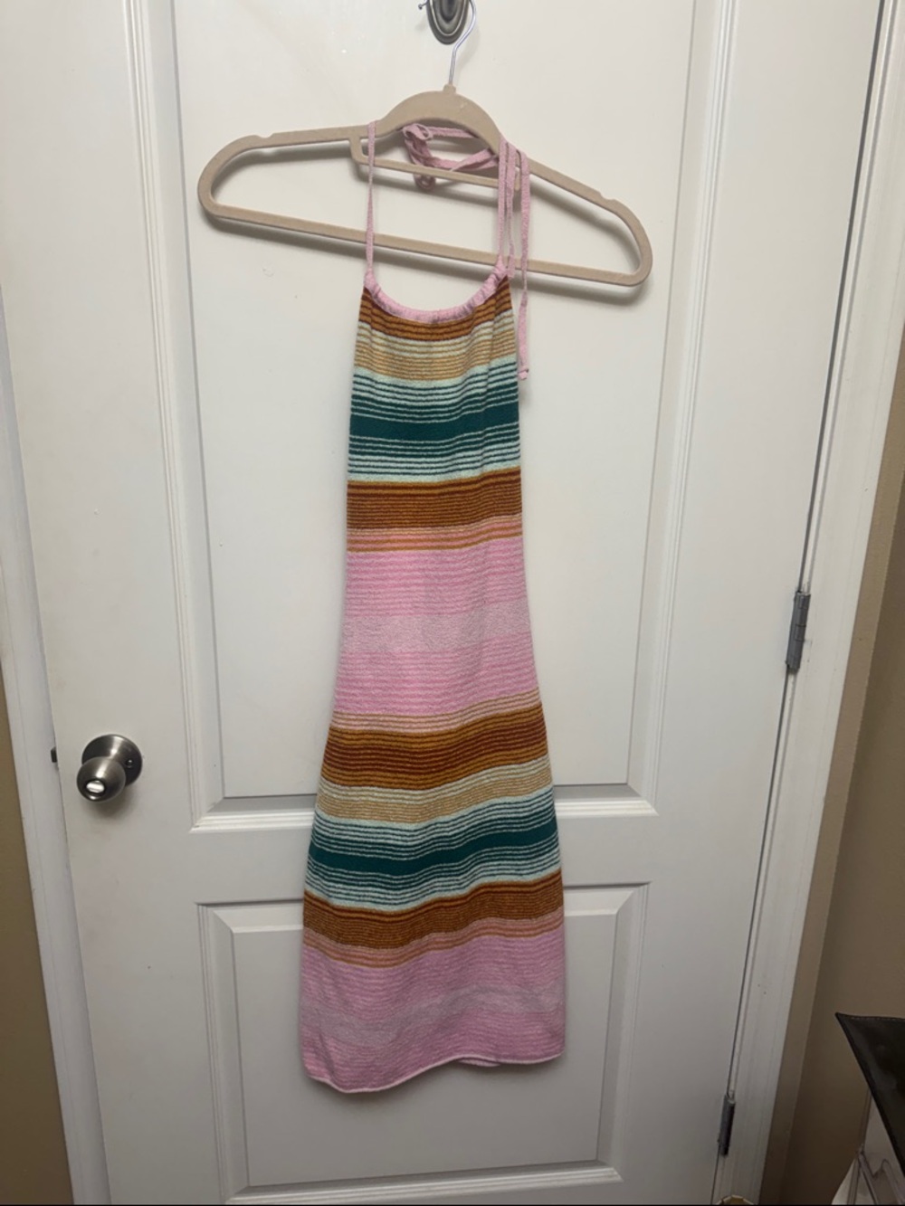 Striped Halter Mini Dress in Retro Rusty Orange, Pink, and Teal